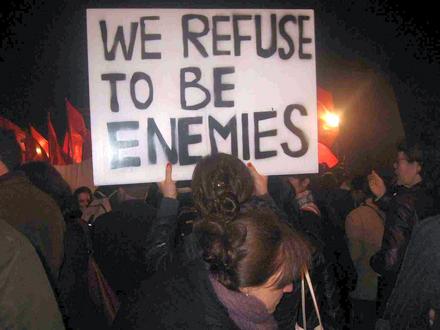 One of the main slogans: “Jews and Arabs Refuse to be Enemies”.